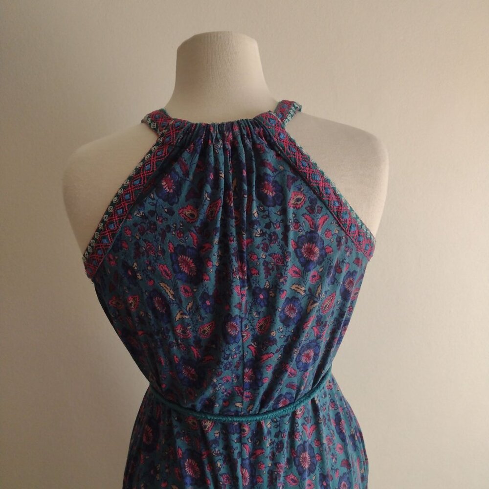 Lucky Brand Teal Floral Dress S Relaxed Knit Boho Jewel Tone Embroidered Maxi - Picture 11 of 12